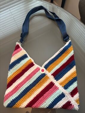 Handmade Multicolor Crochet Shoulder Bag with Navy Strap